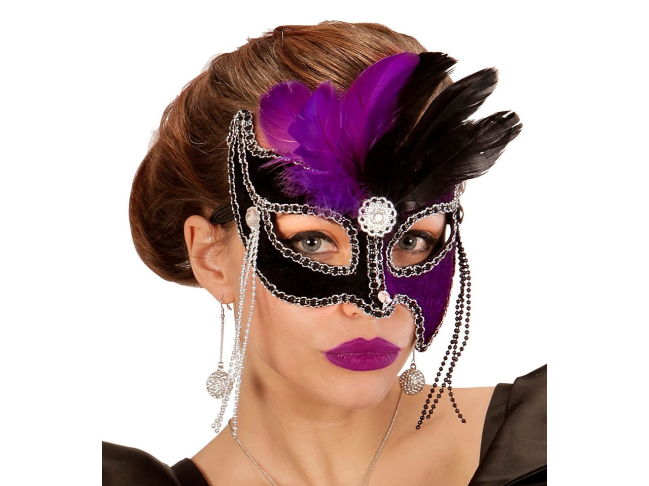 Maschera gran ballo nera e viola con gemme, perline e piume