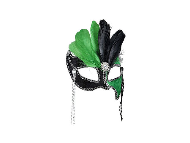 Maschera gran ballo nera e verde con gemme, perline e piume