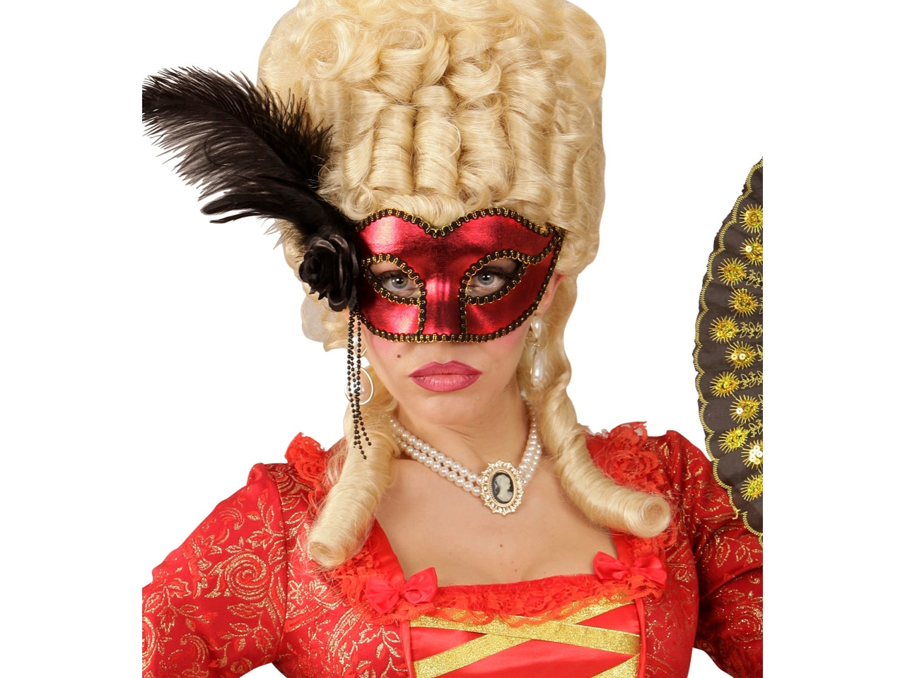 Maschera venezia colore rosso metallizzato con rosa, perline e piume