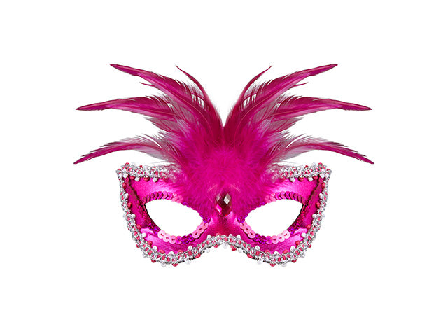 Maschera baronessa rosa metallizzata con gemma, finitura in perline, paillettes e piume