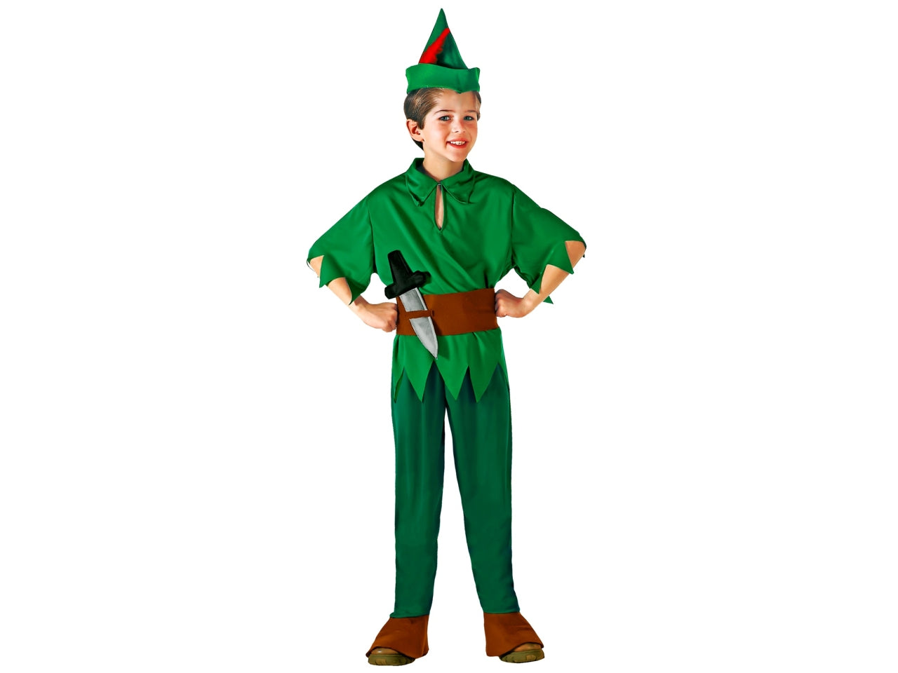 Costume peter - il costume comprende  casacca, pantaloni con copriscarpe, cintura con pugnale e cappello con piuma - taglia 4-5 anni