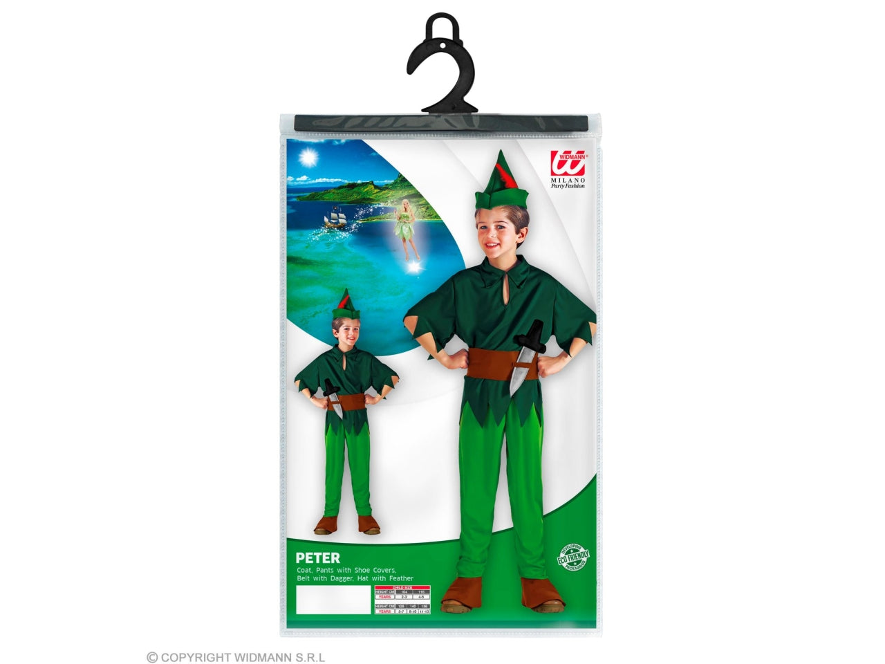 Costume peter - il costume comprende  casacca, pantaloni con copriscarpe, cintura con pugnale e cappello con piuma - taglia 4-5 anni