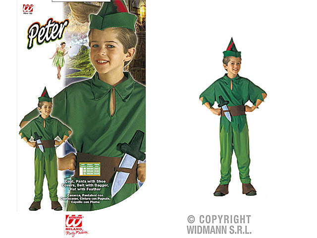 Costume peter - il costume comprende  casacca, pantaloni con copriscarpe, cintura con pugnale e cappello con piuma - taglia 5-7 anni