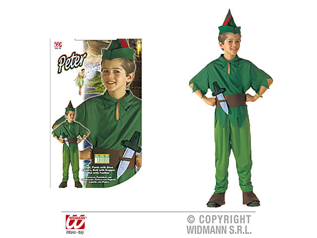 Costume peter - il costume comprende  casacca, pantaloni con copriscarpe, cintura con pugnale e cappello con piuma - taglia 10 anni