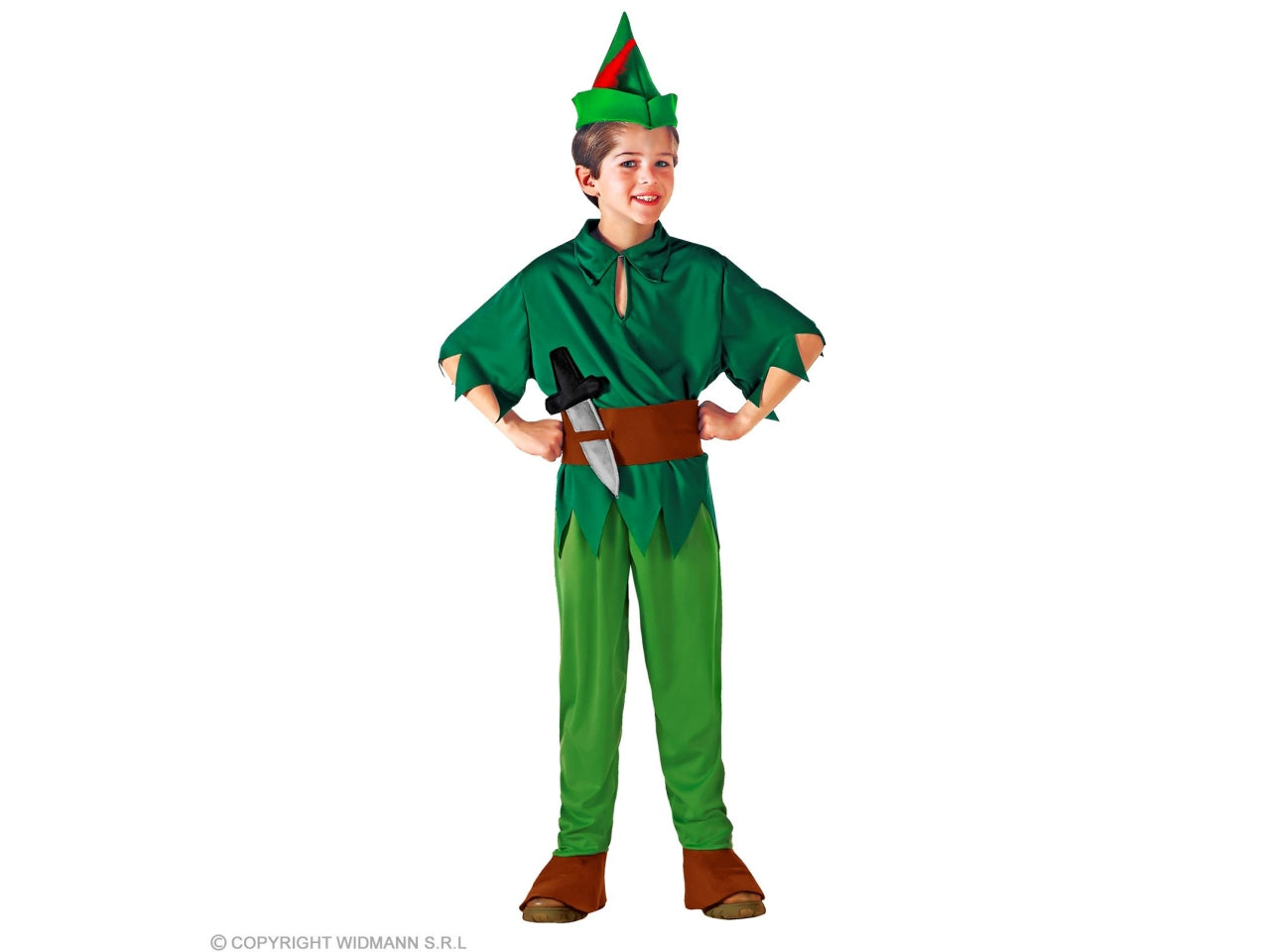 Costume peter - il costume comprende  casacca, pantaloni con copriscarpe, cintura con pugnale e cappello con piuma - taglia 2-3 anni