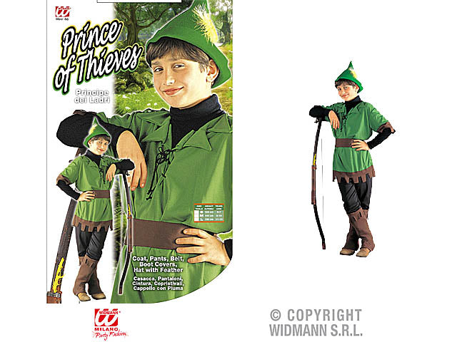 Costume principe dei ladri - il costume comprende casacca, pantaloni, cintura, copristivali e cappello con piuma - taglia 10 anni