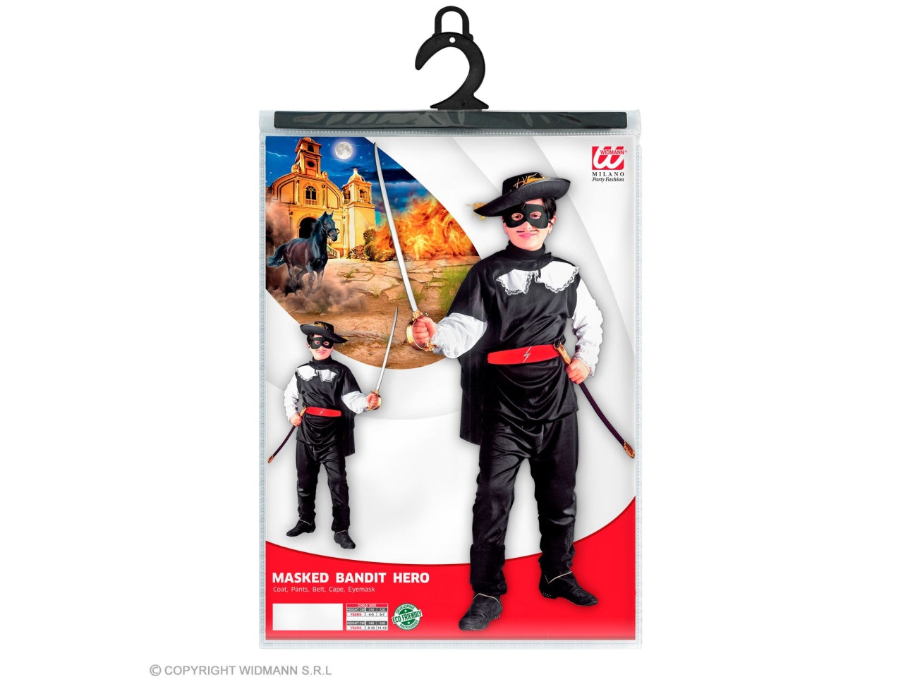 Costume da eroe bandito mascherato - il costume comprende casacca, pantaloni, cintura, mantello e mascherina - taglia 4-5 anni