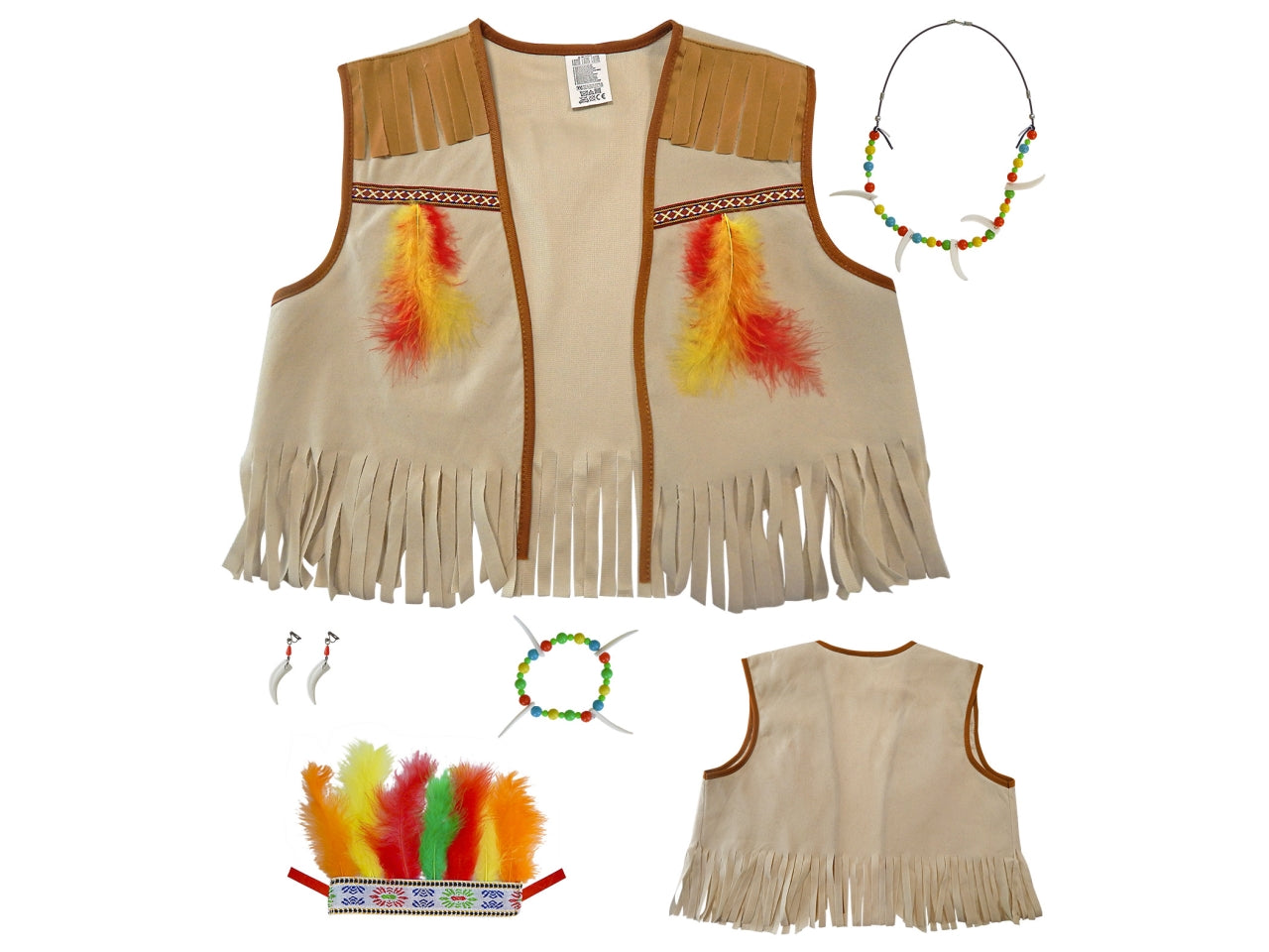Set da indiano - il set comprende gilet, fascia per testa con piume, orecchino, collana e bracciale