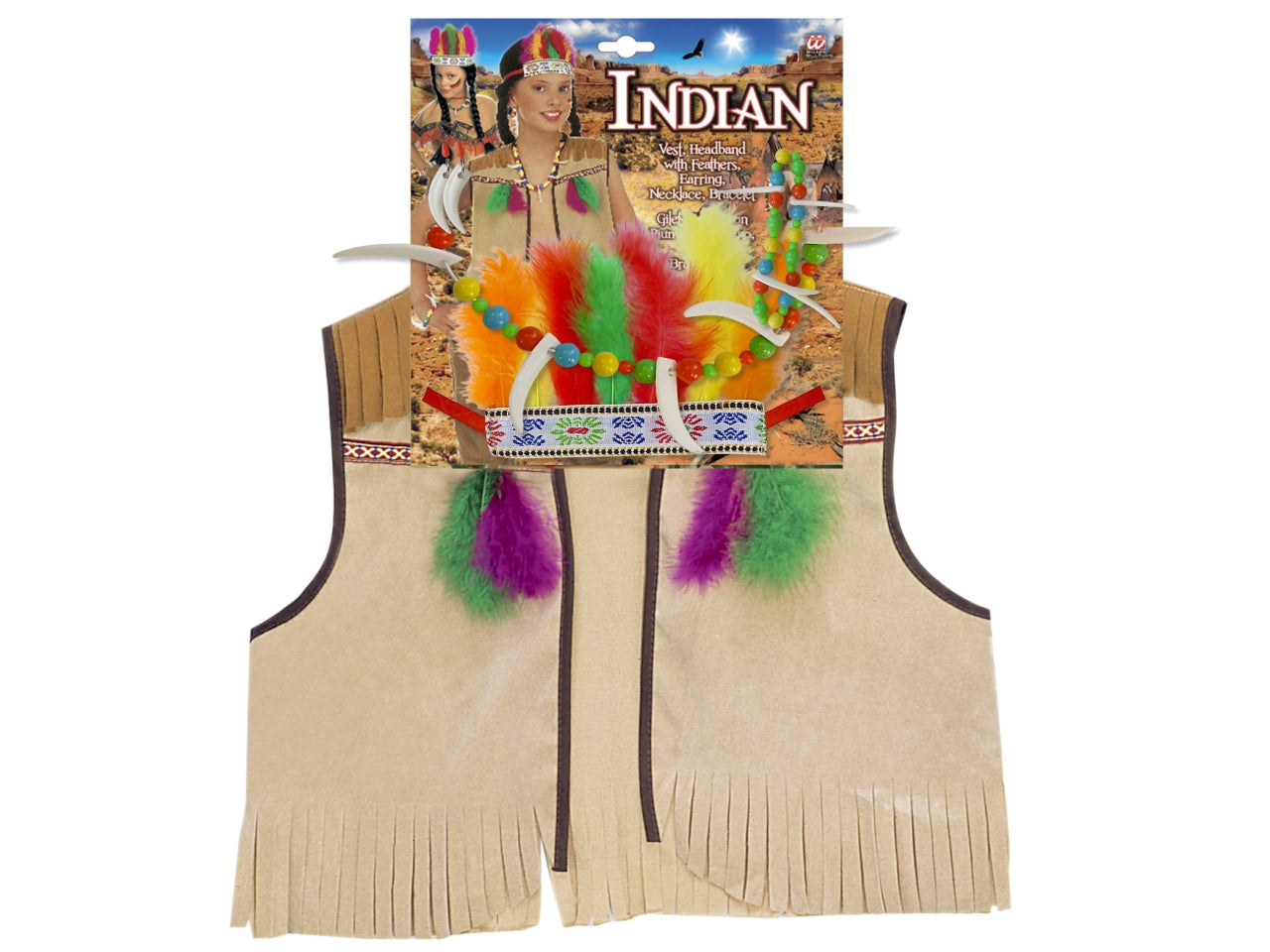 Set da indiano - il set comprende gilet, fascia per testa con piume, orecchino, collana e bracciale