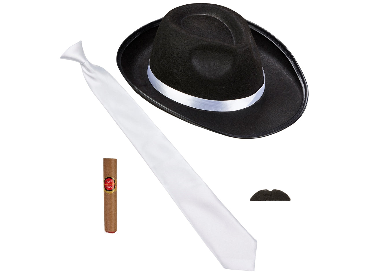 Set moda anni 20 ruggenti colore nero - il set comprende cappello, cravatta, baffi e sigaro