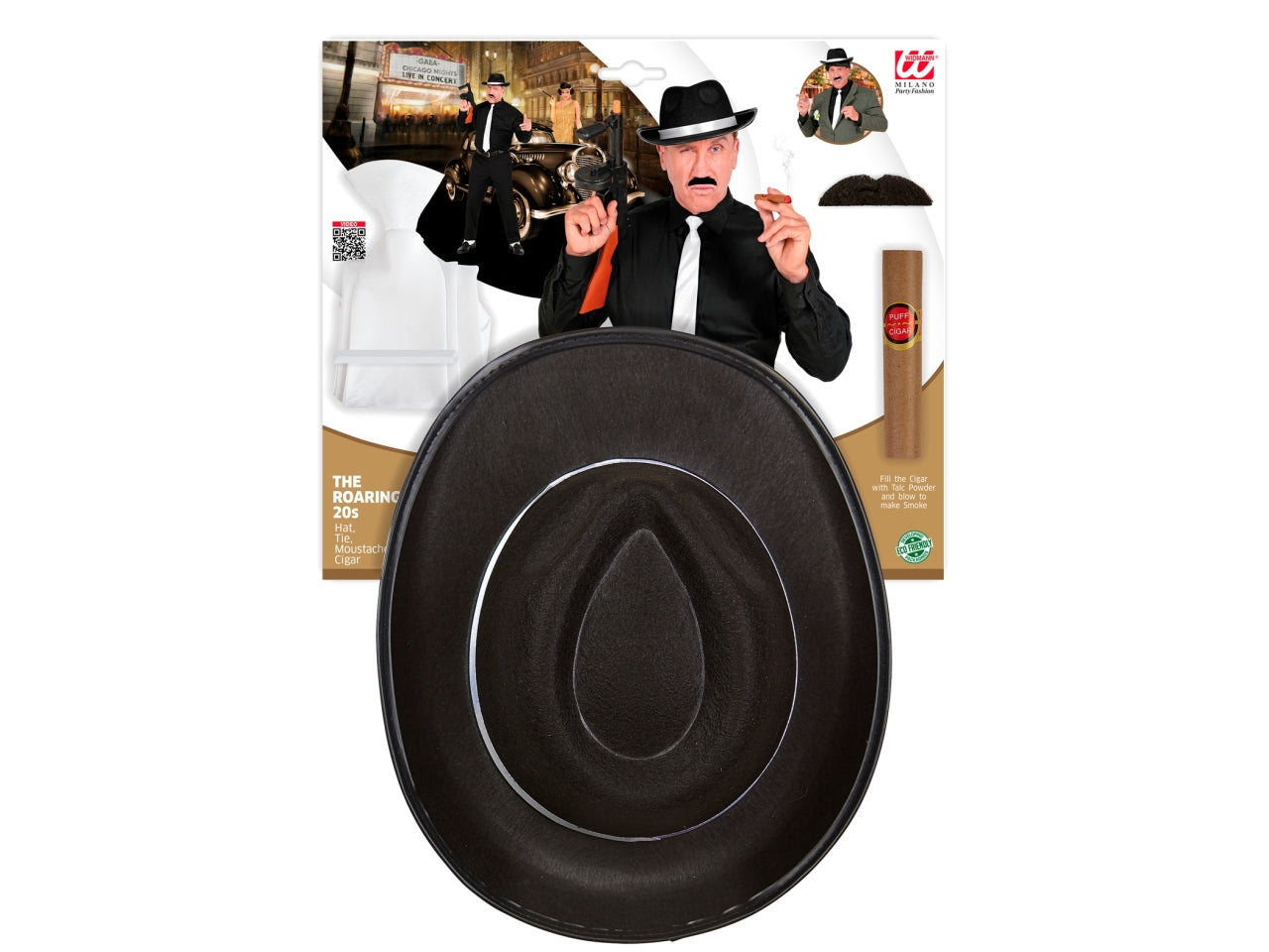 Set moda anni 20 ruggenti colore nero - il set comprende cappello, cravatta, baffi e sigaro