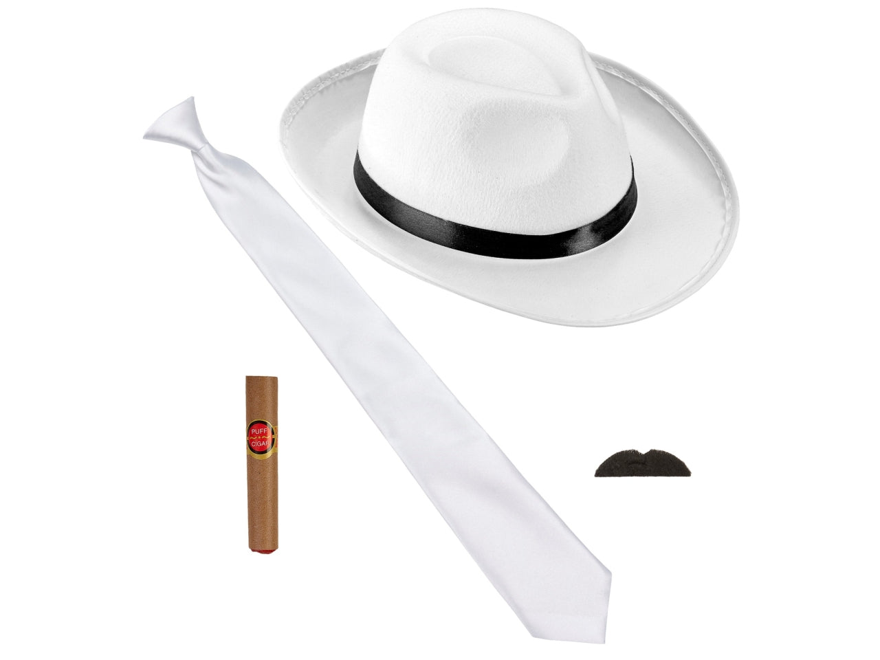 Set moda anni 20 ruggenti colore bianco - il set comprende cappello, cravatta, baffi e sigaro