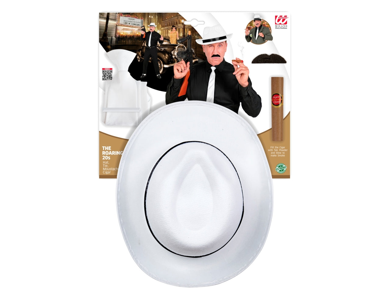 Set moda anni 20 ruggenti colore bianco - il set comprende cappello, cravatta, baffi e sigaro