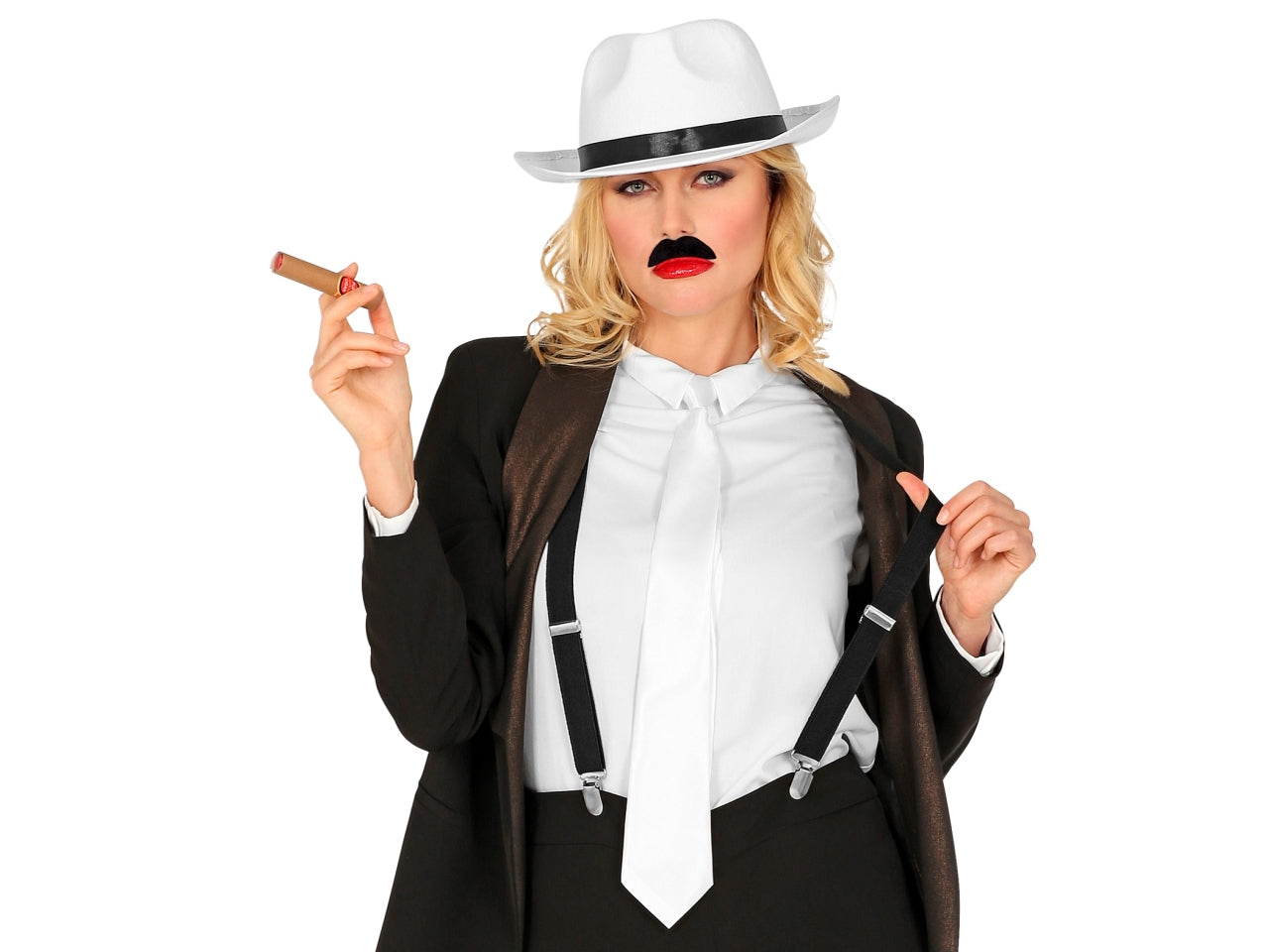 Set moda anni 20 ruggenti colore bianco - il set comprende cappello, cravatta, baffi e sigaro