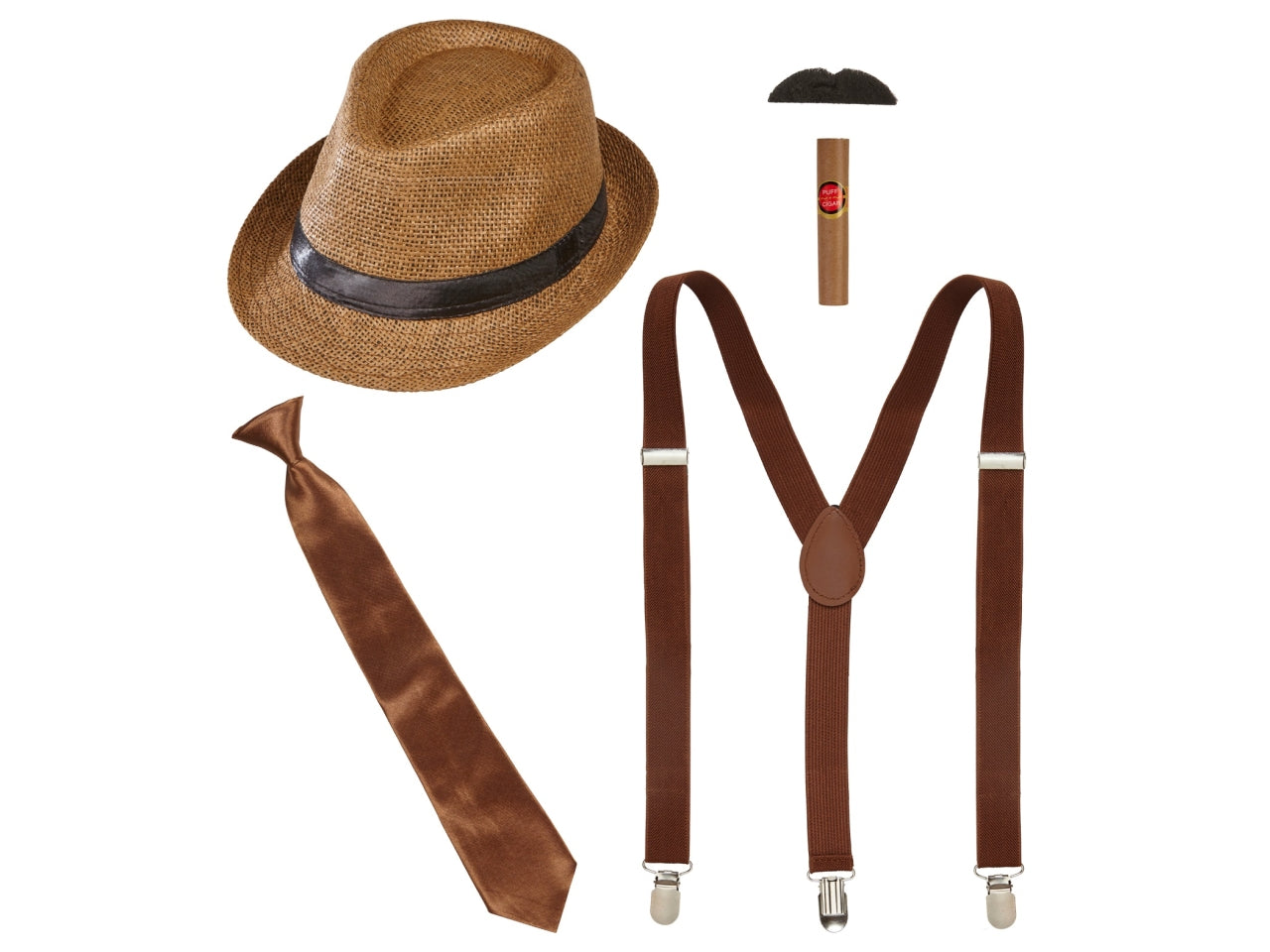 Set moda anni 20 ruggenti - il set comprende cappello, bretelle, cravatta, baffi e sigaro