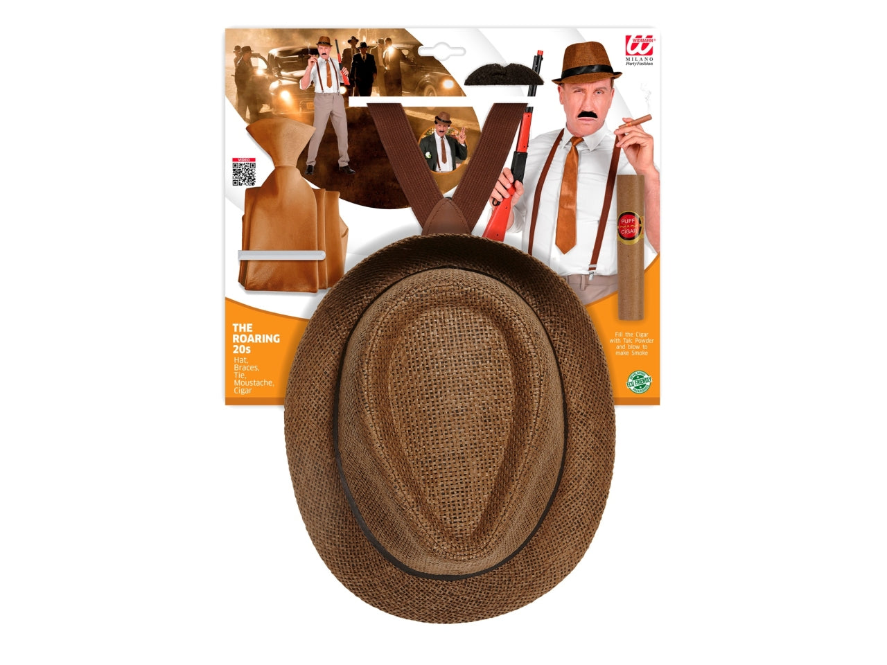 Set moda anni 20 ruggenti - il set comprende cappello, bretelle, cravatta, baffi e sigaro