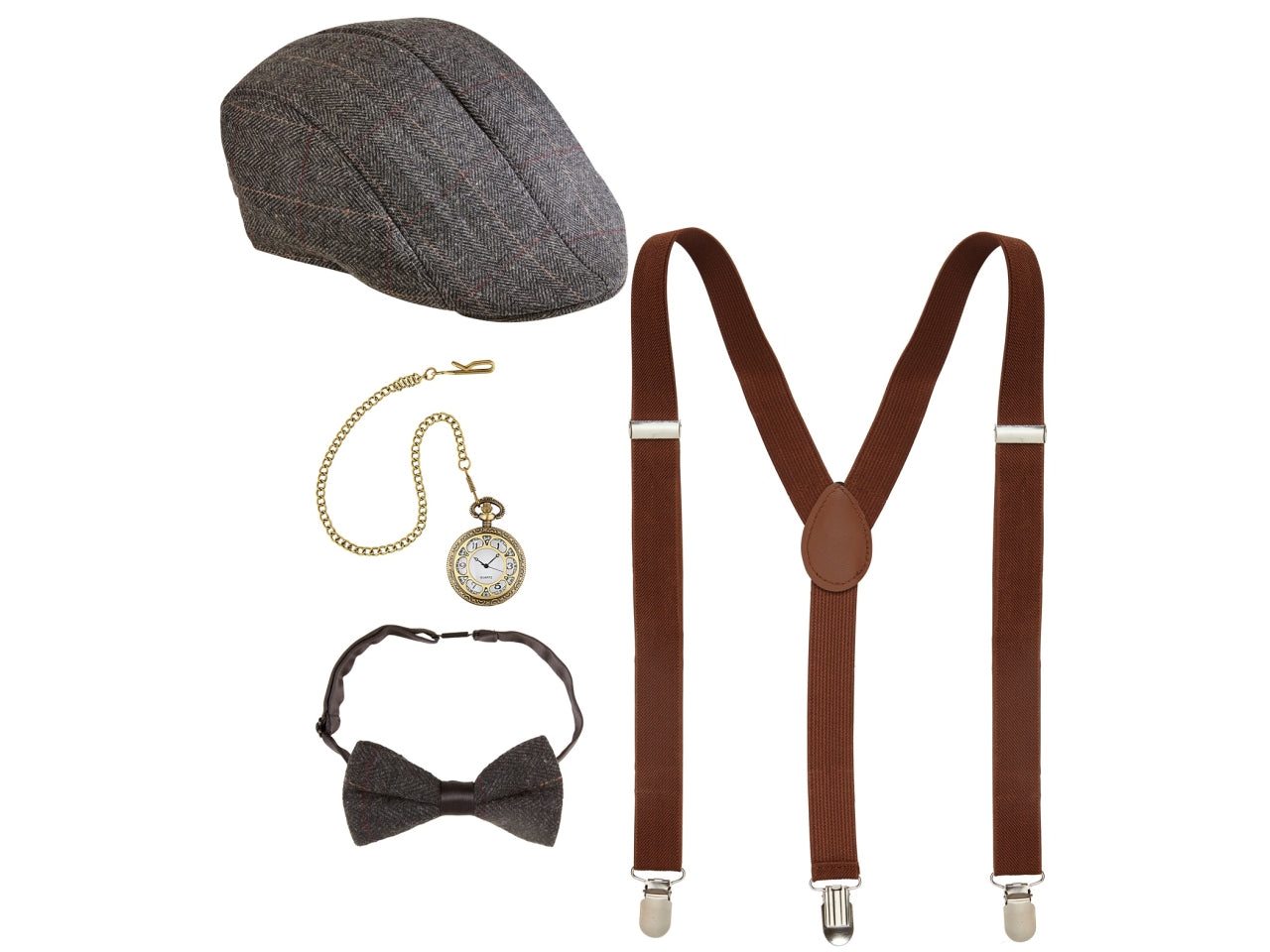 Set moda anni 20 ruggenti - il set comprende coppola, bretelle, farfallino e orologio da tasca