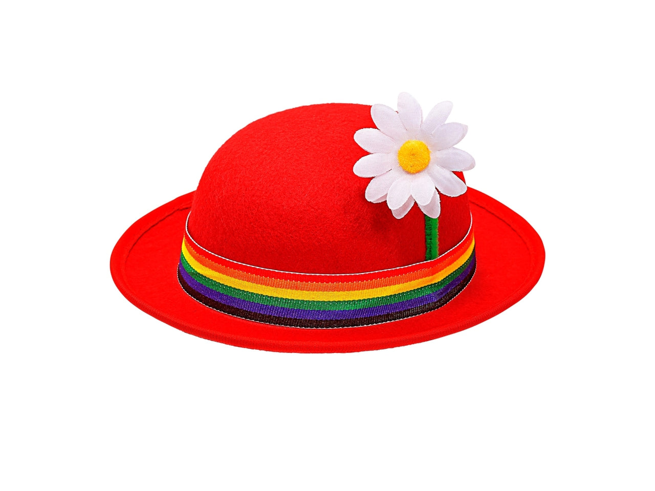 Bombetta rossa con fascia multicolore e fiore in feltro