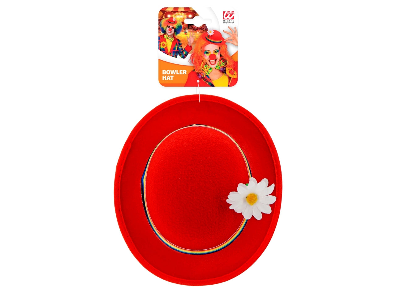 Bombetta rossa con fascia multicolore e fiore in feltro
