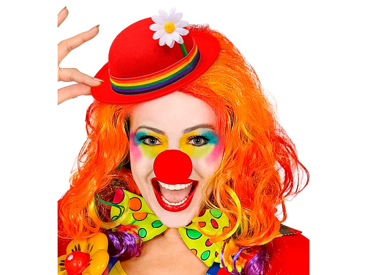 Bombetta rossa con fascia multicolore e fiore in feltro