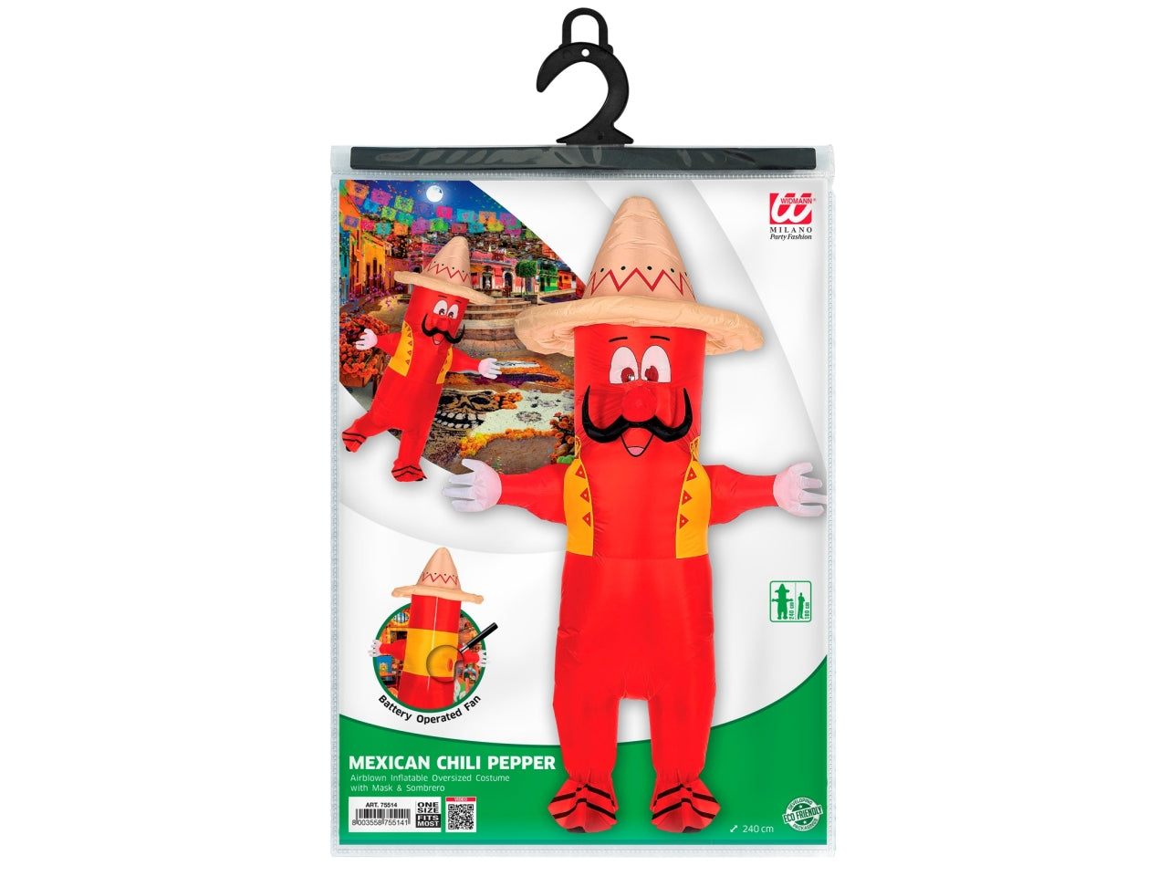 Costume da peperoncino messicano - il costume comprende costume con maschera e sombrero sovradimensionato gonfiabile con ventola - 4 batterie aa non incluse - taglia unica adulto