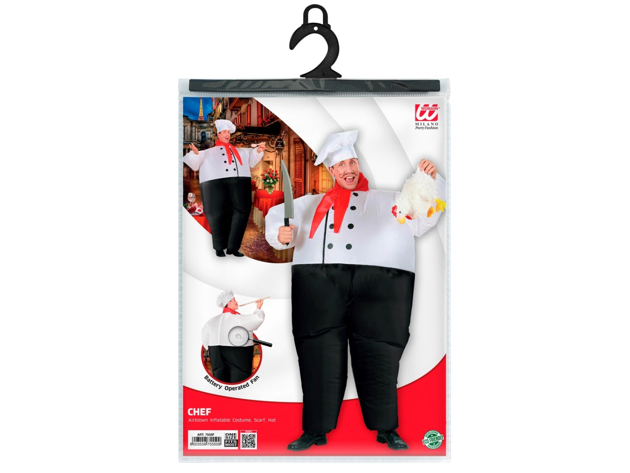 Costume da chef - il costume comprende costume gonfiabile con ventola, foulard e cappello - funzionamento con 4 batterie aa non incluse - taglia unica adulto
