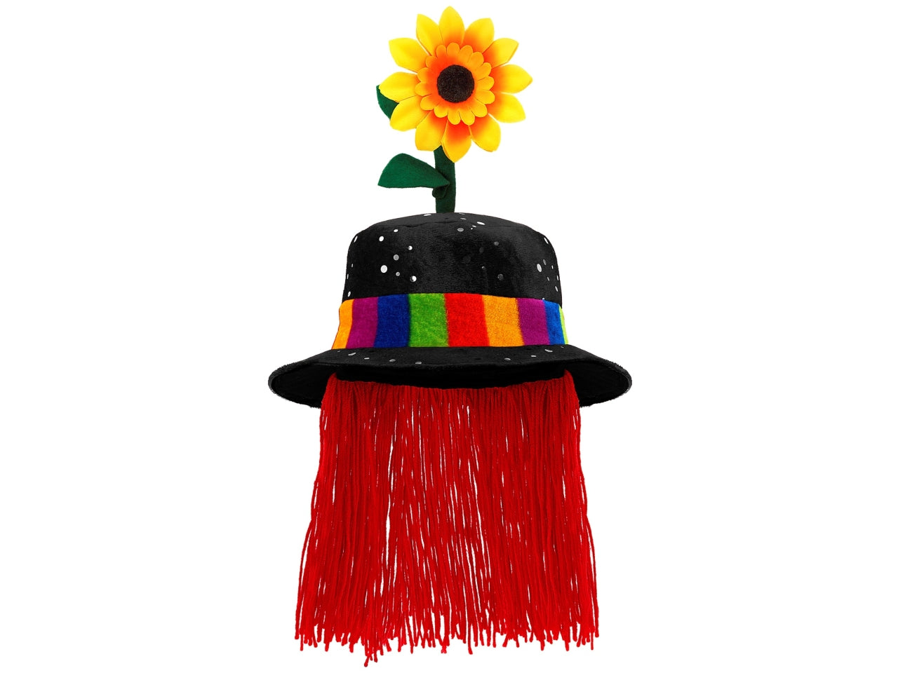 Cappello da clown colore nero con capelli e girasole in velluto