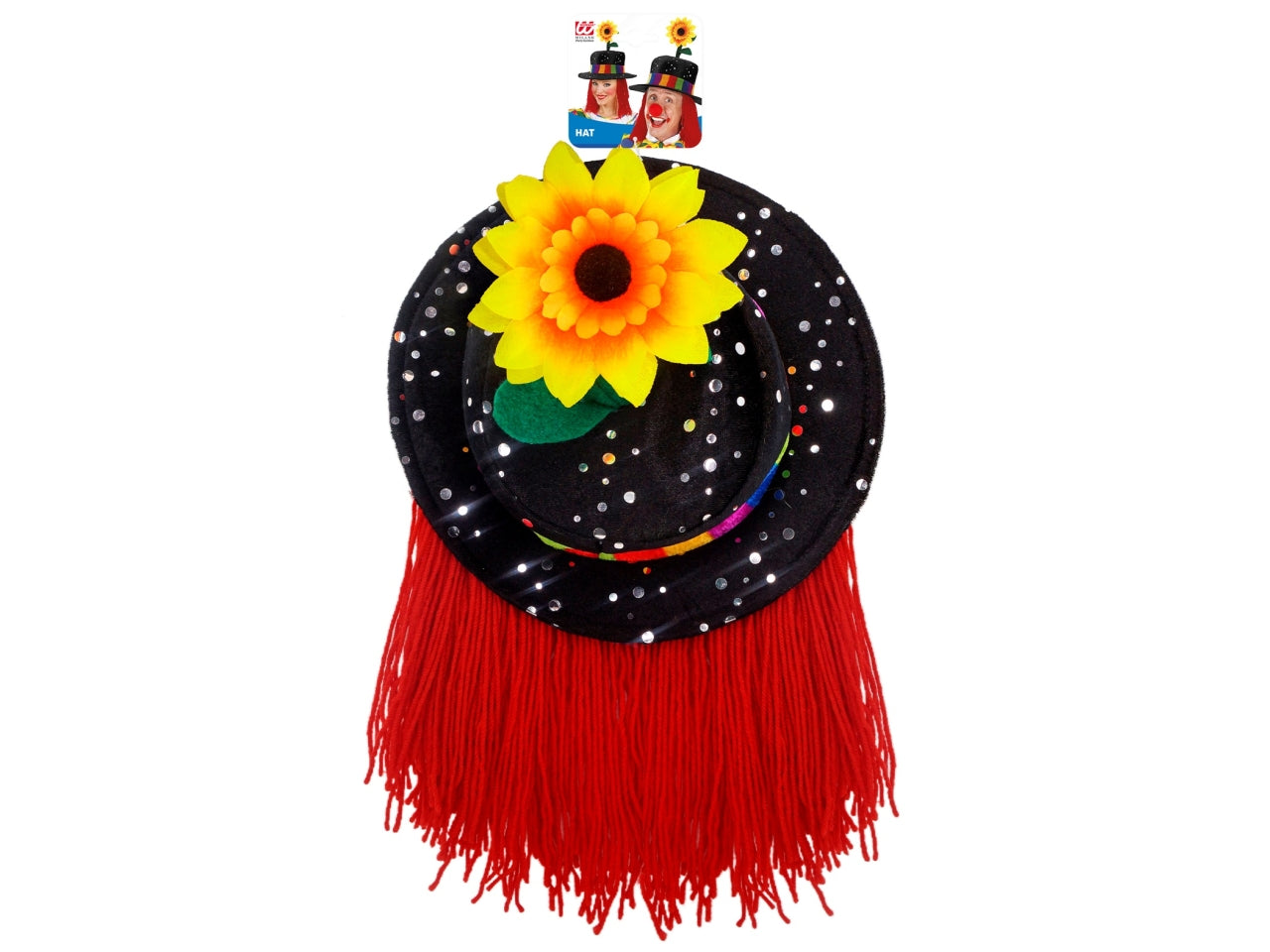 Cappello da clown colore nero con capelli e girasole in velluto
