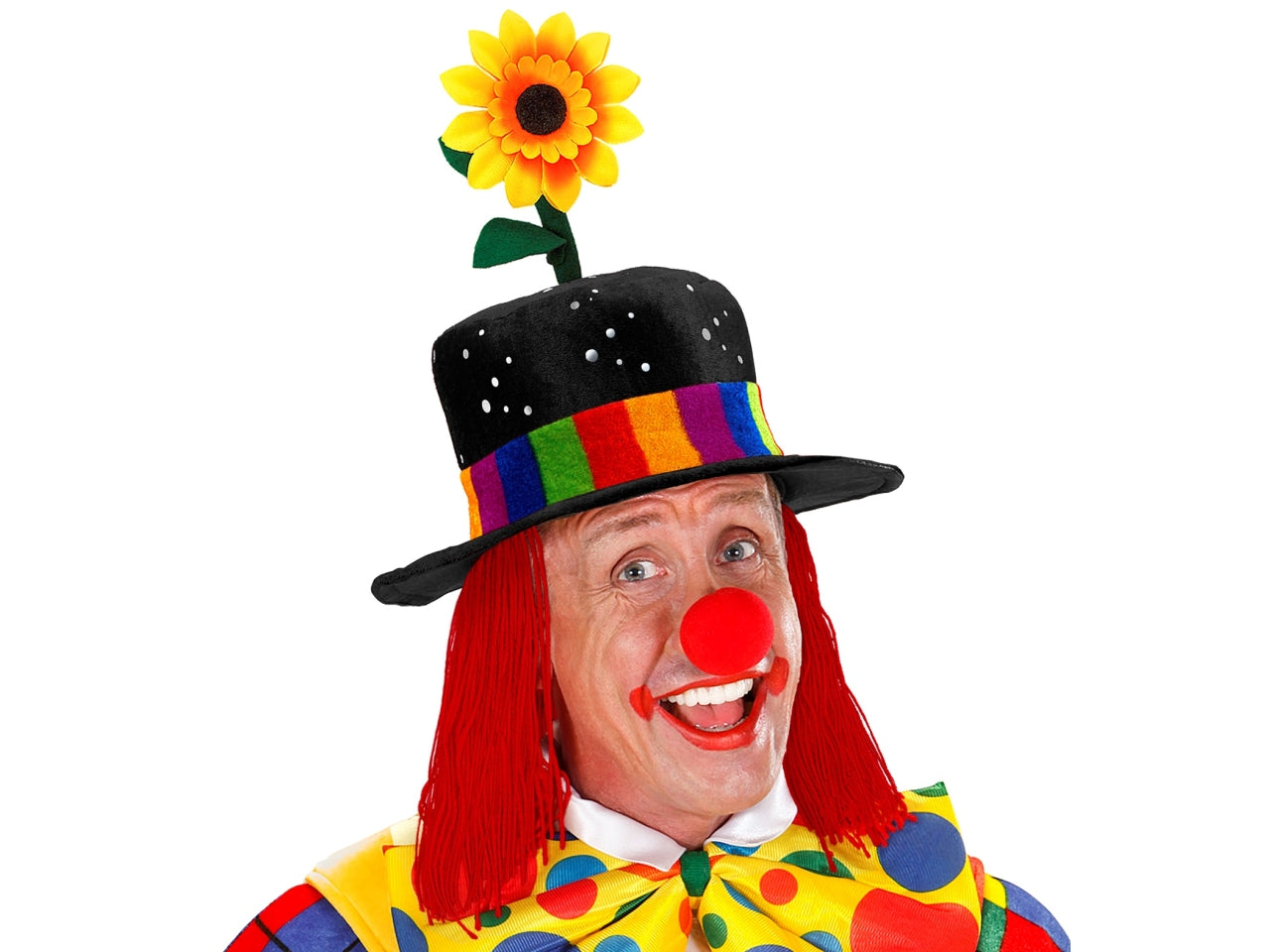 Cappello da clown colore nero con capelli e girasole in velluto