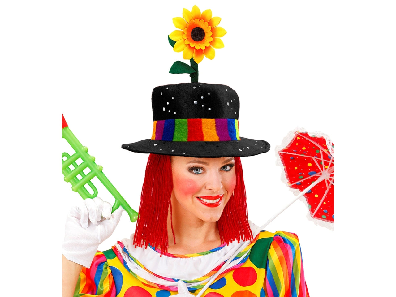 Cappello da clown colore nero con capelli e girasole in velluto