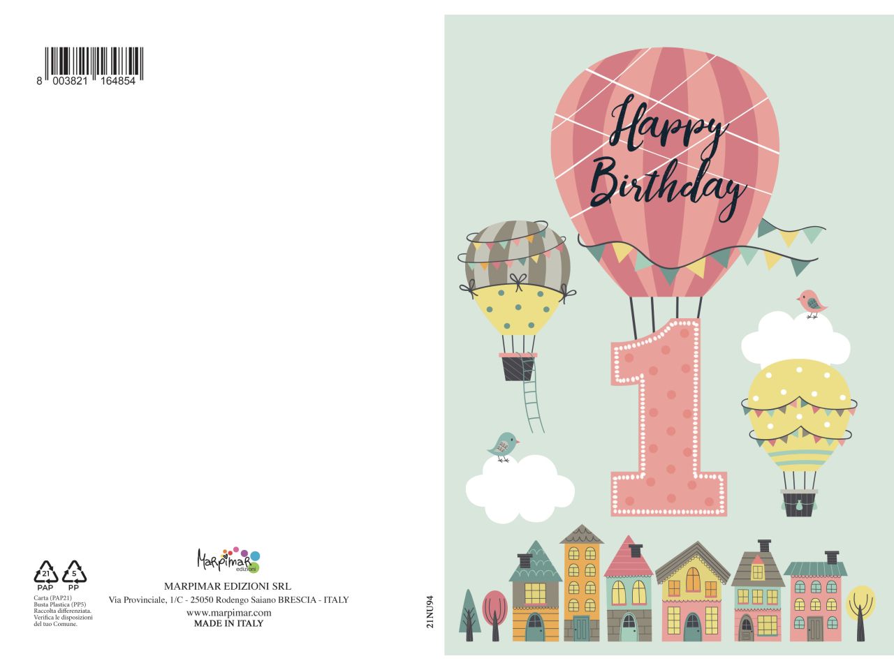 Biglietto auguri buon compleanno 1 anno rosa con glitter con busta