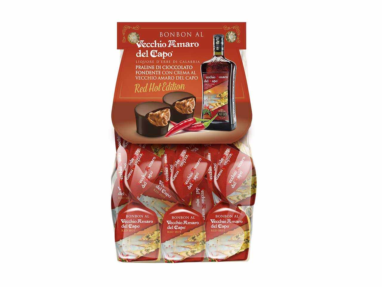 Praline di cioccolato fondente con crema all'amaro del capo e peperoncino in sacchetto da 200 grammi