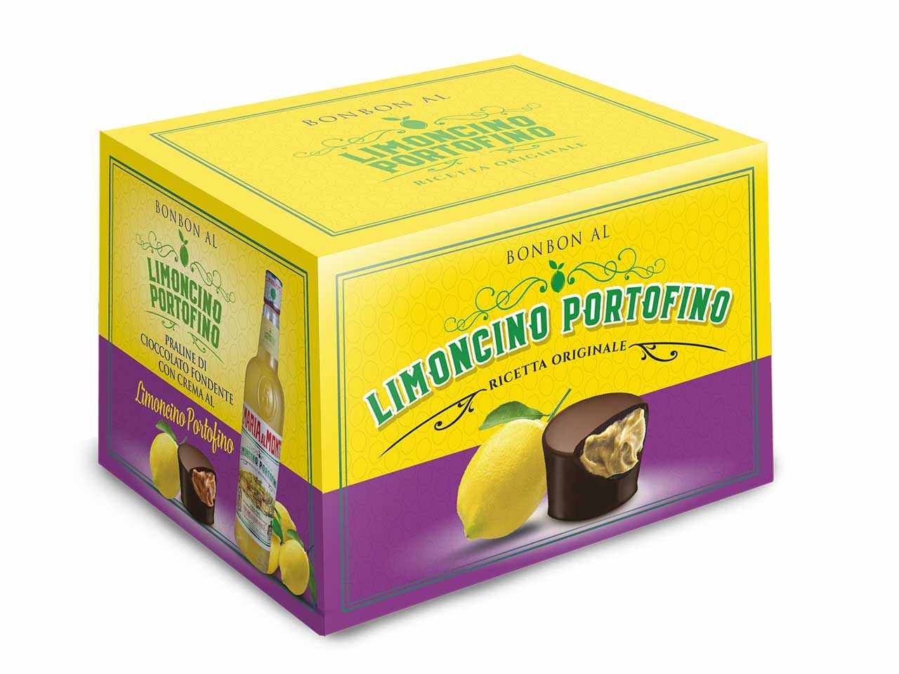 limoncino portofino praline di cioccolato fondente con crema al limoncello in bauletto da 250gr.