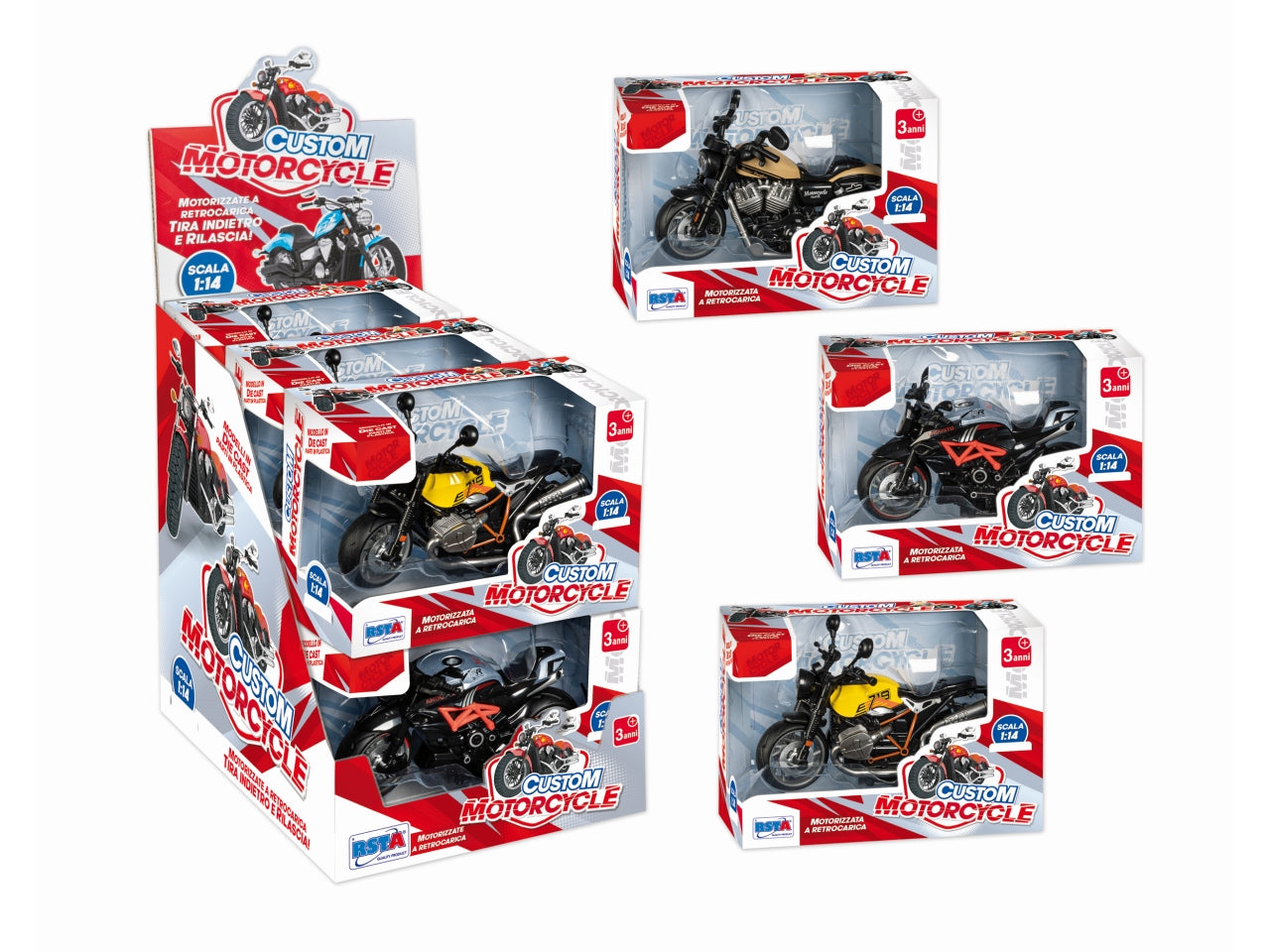 Moto die cast custom retrocarica scala 1:43  - disponibile in 3 assortimenti