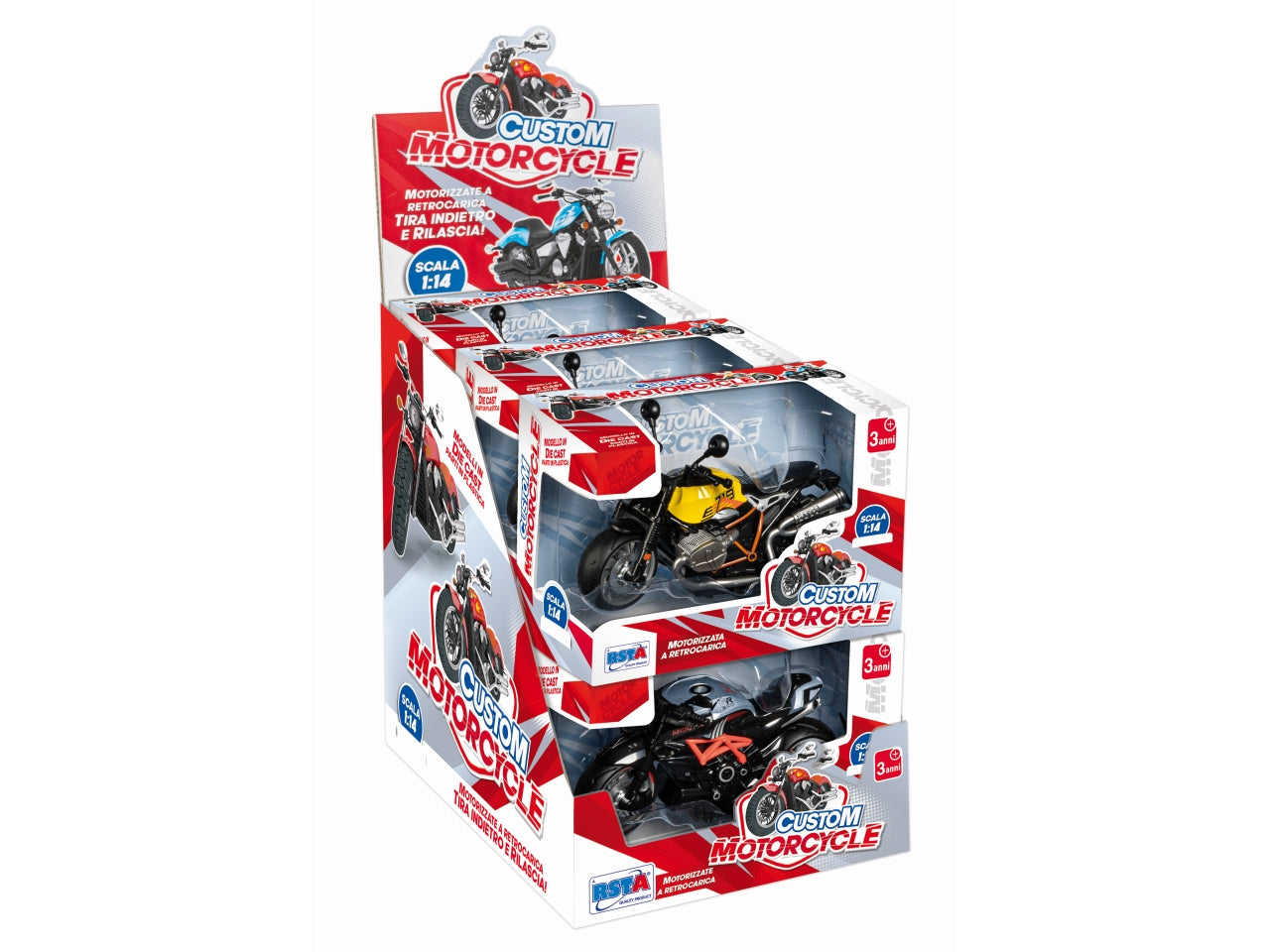 Moto die cast custom retrocarica scala 1:43  - disponibile in 3 assortimenti