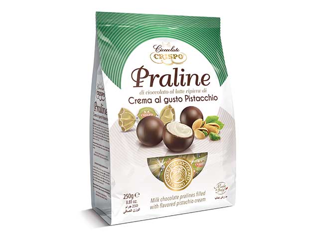 Pralinesse 250gr praline di cioccolato al latte ripiene di crema al gusto pistacchio e croccanti cereali