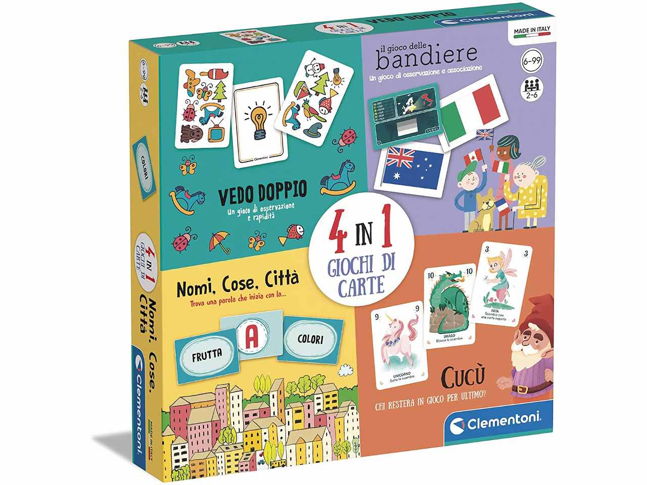Giochi 4 in 1 compendio con Nomi, Cose e Città,Gioco da Tavolo Multiattività - Clementoni