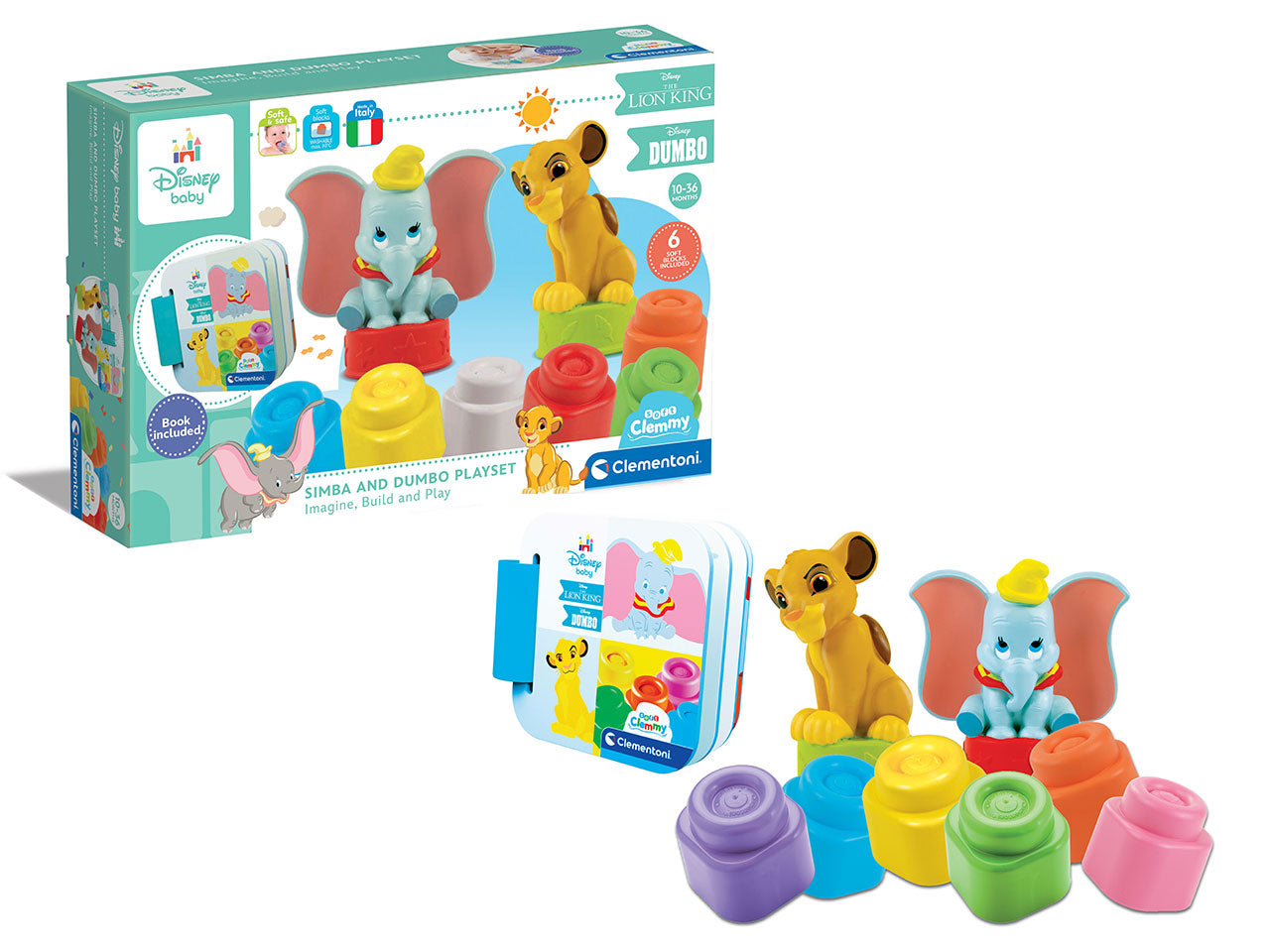 Clementoni costruzioni in gomma re leone clemmy baby disney simba e dumbo playset - libro in cartone incluso