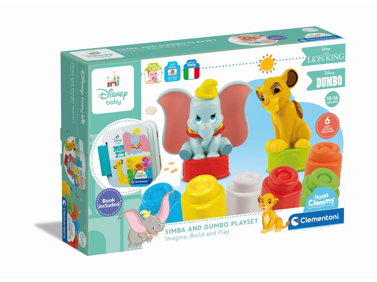 Clementoni costruzioni in gomma re leone clemmy baby disney simba e dumbo playset - libro in cartone incluso
