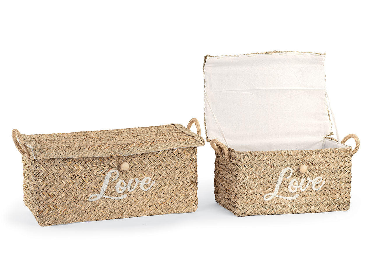 Ceste con manici e scritta love bianca set da due pezzi. misure: 44x27x21cm e 56x35x25cm