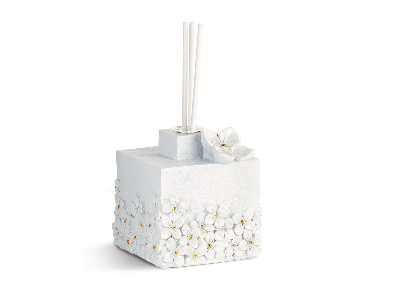 Diffusore bianco 7x8cm con fiori glitterati e scatola