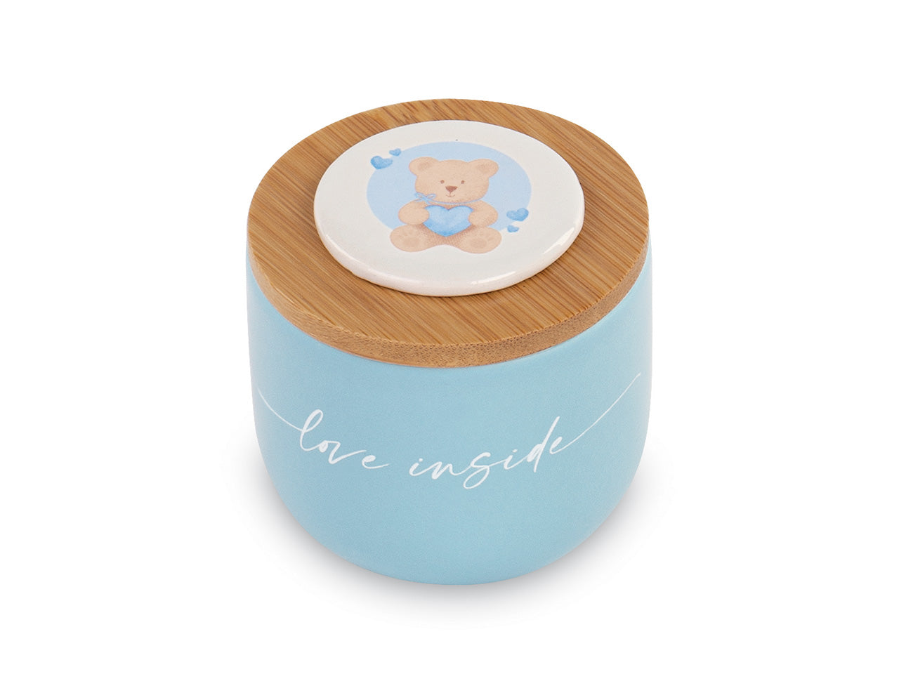Candela in barattolo azzurro 6x6cm con orsetto