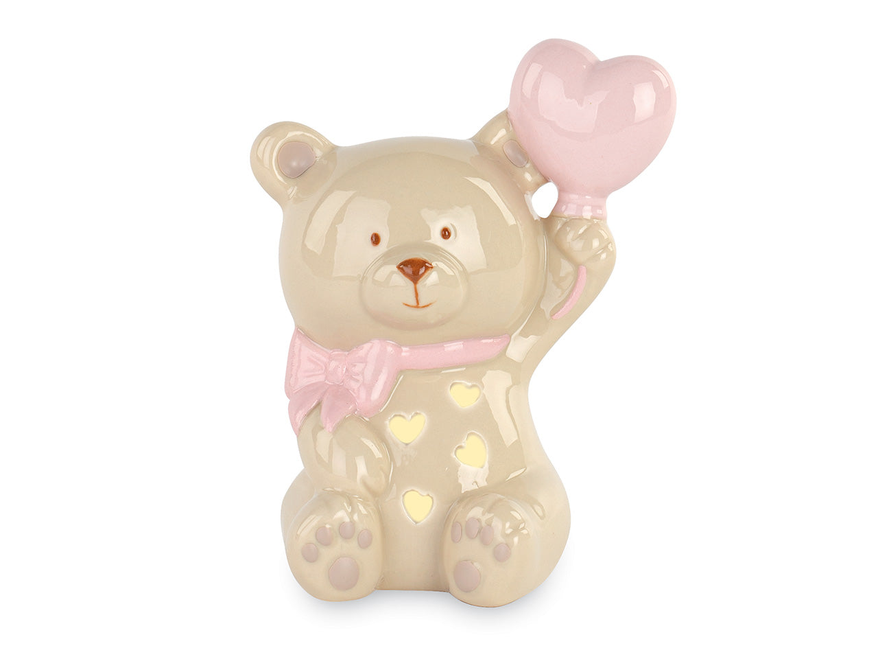 Orsetto h.13cm con fiocco e cuore rosa, led e scatola