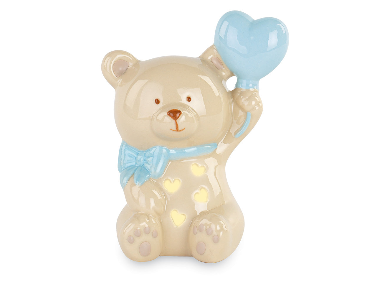 Orsetto h.13cm con fiocco e cuore azzurro, led e scatola