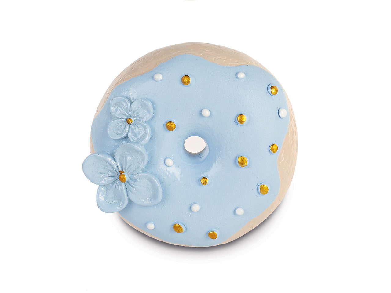 Magnete donut azzurro con fiori glitterati diametro 5,5cm