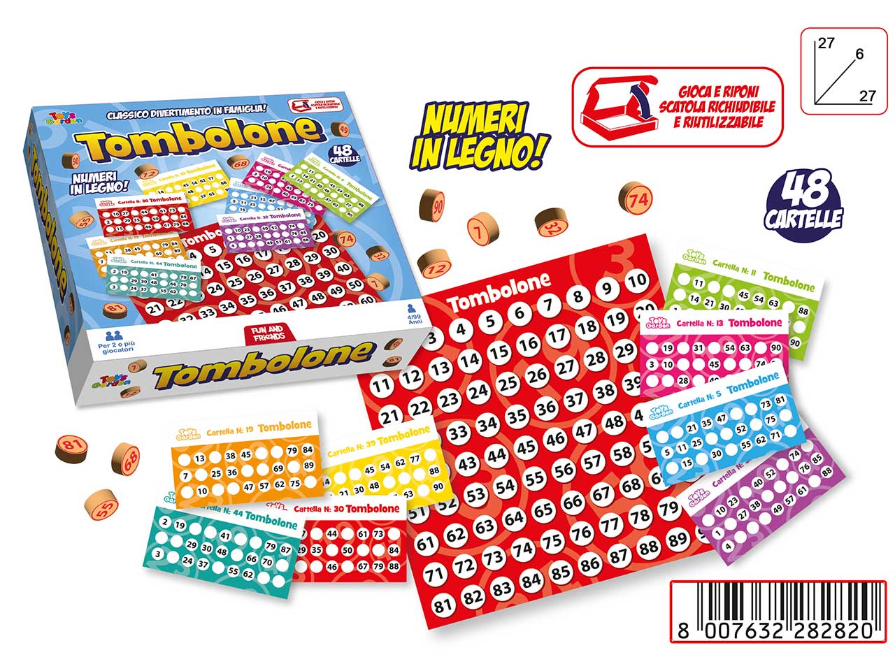Tombola con 48 cartelle con numeri in legno