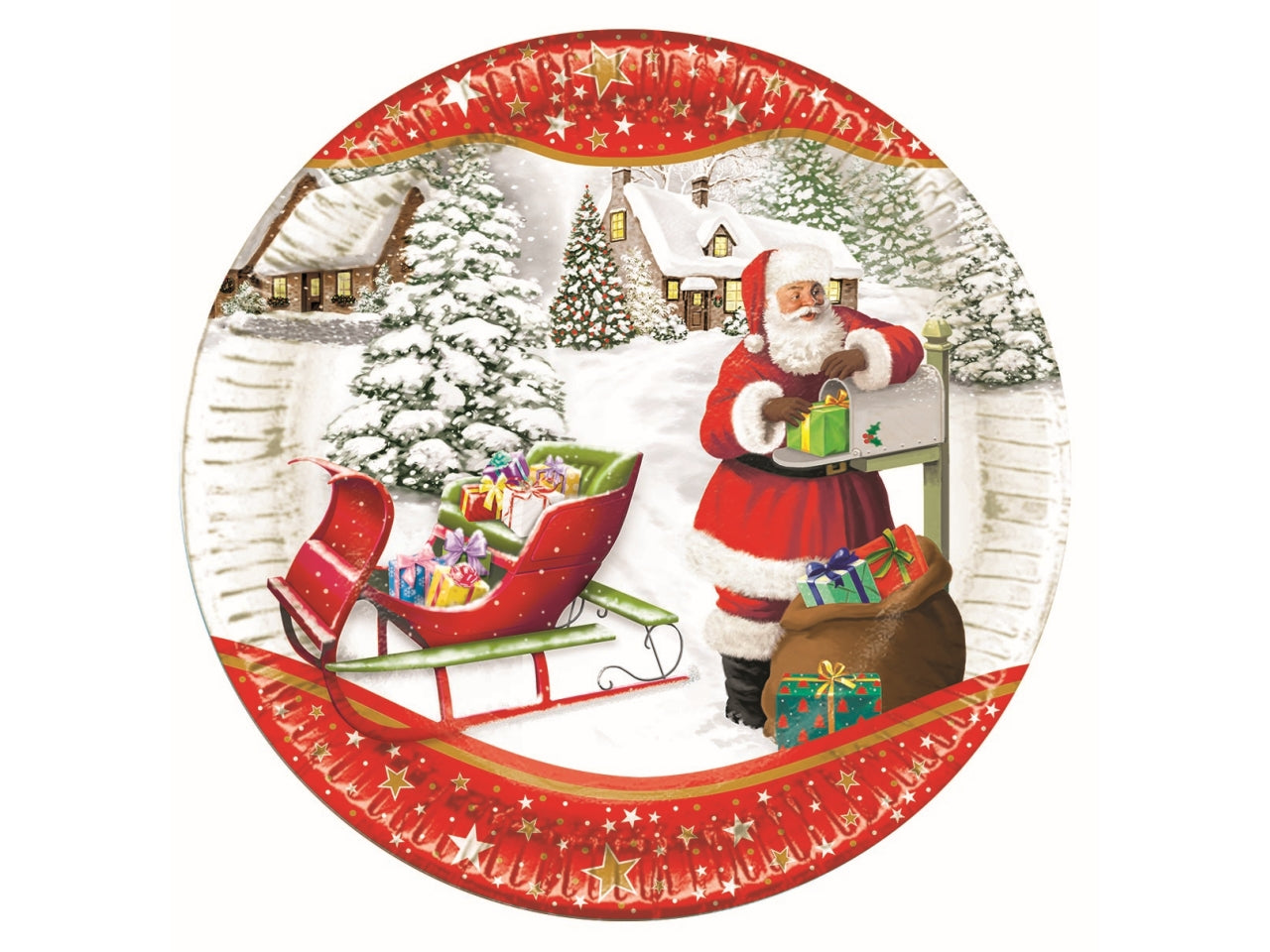 Piatti piani in cartoncino misura d.23cm - babbo natale la confezione comprende 10 piatti