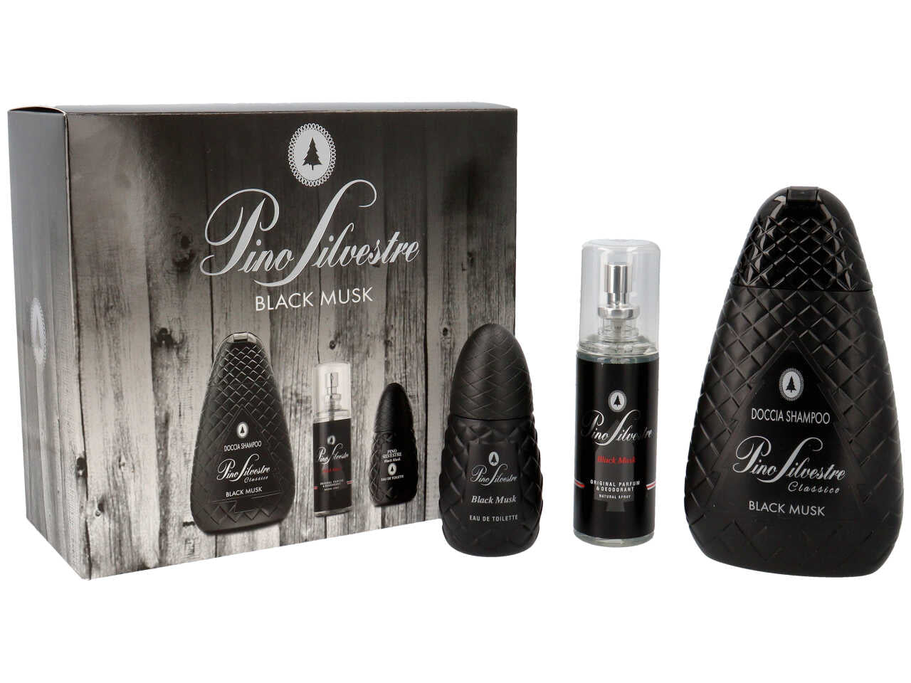 Pino silvestre black musk confezione regalo. set contiene doccia shampoo 400ml, parfum & deodorant 100ml ed edt 100ml