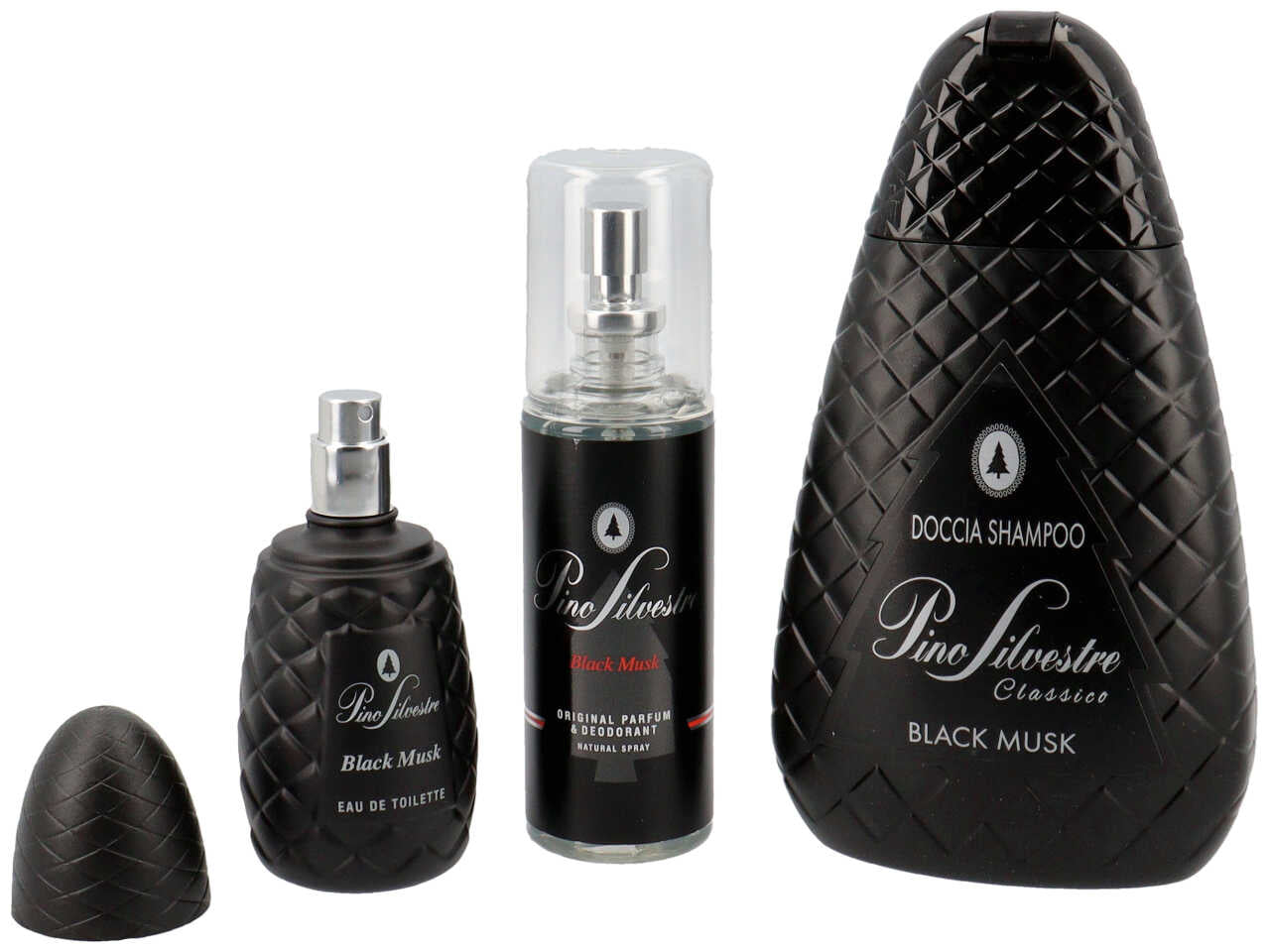 Pino silvestre black musk confezione regalo. set contiene doccia shampoo 400ml, parfum & deodorant 100ml ed edt 100ml