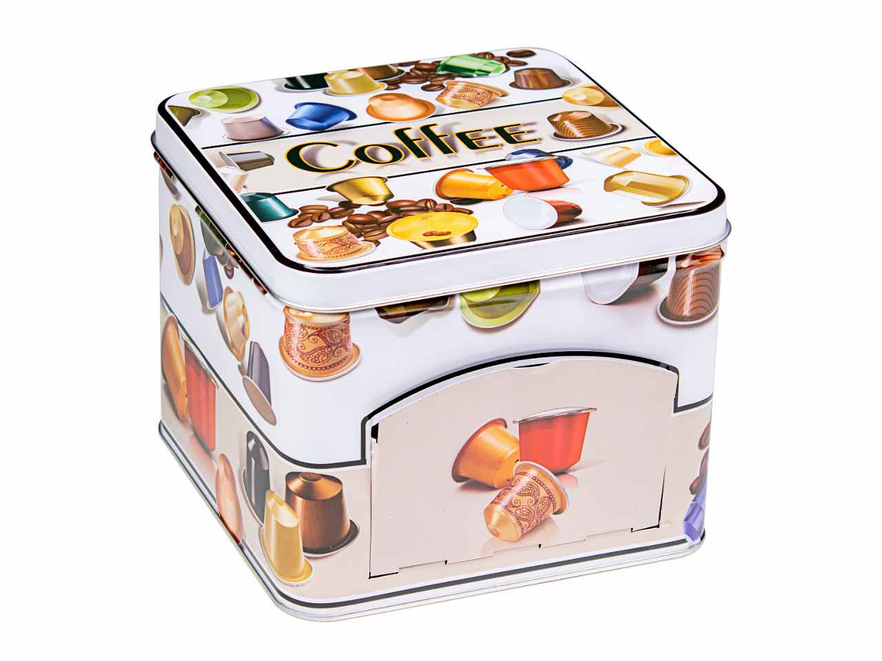 Scatola in latta quadratra con sportello misure 15x15x12cm con decorazione cialde